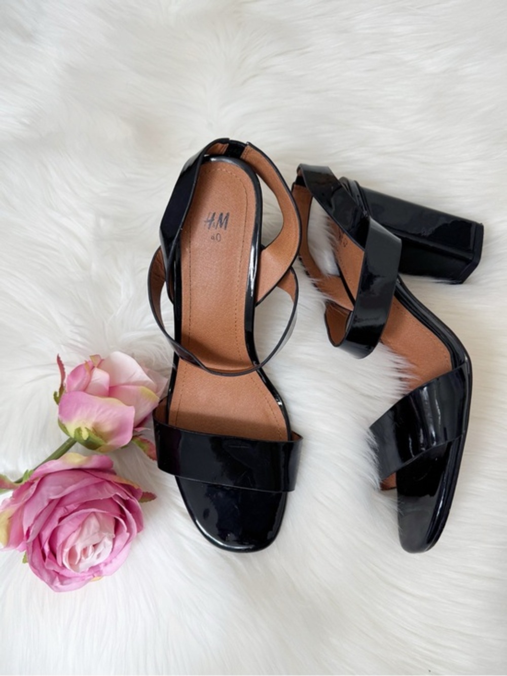 Black Patent Chunky Heel Sandals